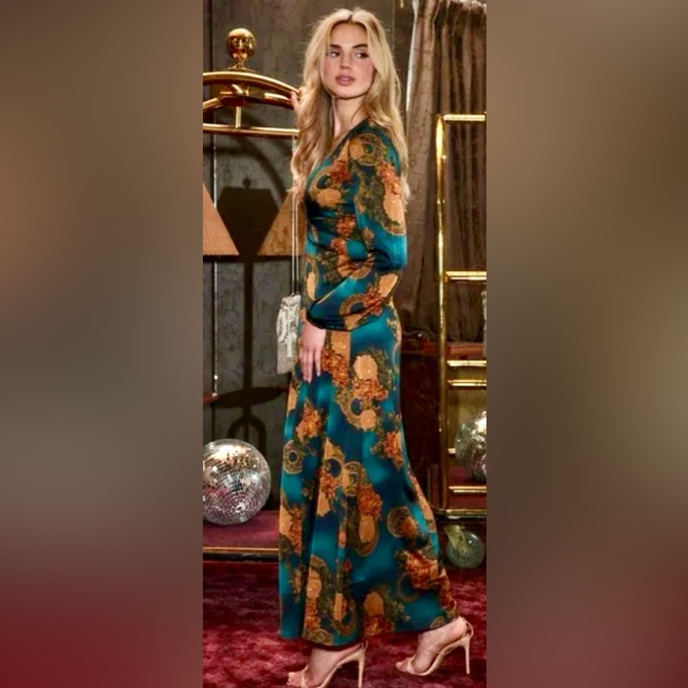 12th Tribe Gizelle Long Sleeve Plunging V-Neck Maxi Dress in Satiny Teal & Gold - Picture 5 of 11